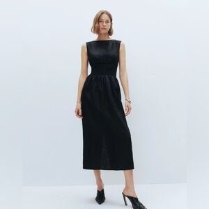 Reformation Davie Smocked Waist Linen Midi Dress - Black